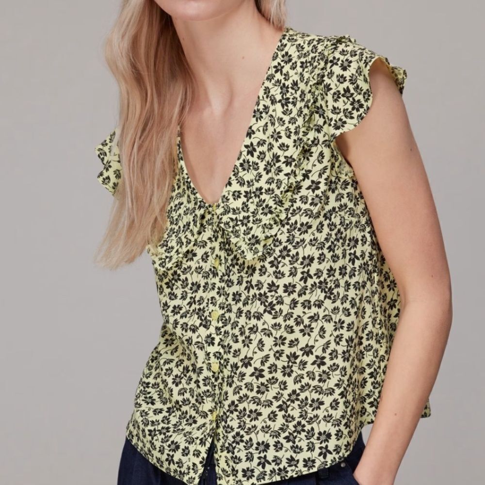 Whistles Yellow Buttercup Oversized Collar Top Size 2 Floral Elegant Chic